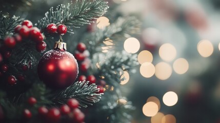 Canvas Print - A close up of a christmas tree with red berries and ornaments, AI