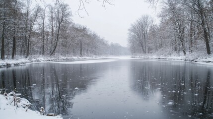 Poster - A river in a snowy forest with trees and snow, AI