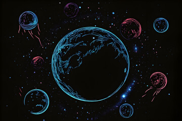 Wall Mural - Neon silhouette of planet with moons isotated on black background.