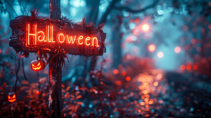 Halloween wooden sign board In dark Forest, concept of halloween celebration with copy space