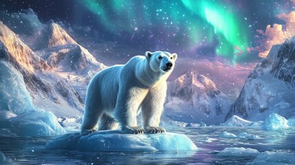 Wall Mural - A majestic polar bear stands on a lonely ice floe beneath the shimmering aurora borealis. The scene captures the beauty of wildlife in a breathtaking landscape. Explore nature. AI