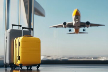 3D Render of Yellow and Grey Luggage at an Airport with Airplane in Background and Blurred Window Frames