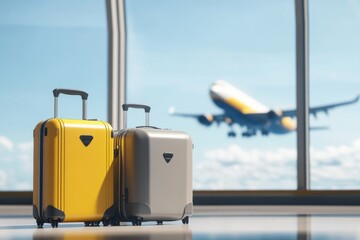 3d render of yellow and grey luggage at an airport with airplane in background and blurred window fr