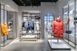 © 为轩 张 - Elegant store interior with mannequins displaying women's winter coats and jackets, modern design, grey walls, concrete floor, and bright lighting.
