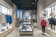 © 为轩 张 - Elegant store interior with mannequins displaying women's winter coats and jackets, modern design, grey walls, concrete floor, and bright lighting.