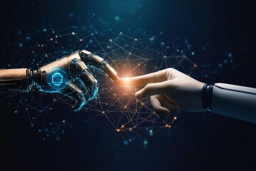 Human hand and robot finger touching in front of a digital data connection background, symbolizing artificial intelligence and futuristic technology.