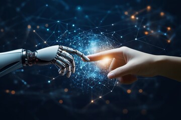 Wall Mural - human hand and robot finger touching in front of a digital data connection background, symbolizing a