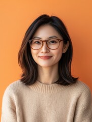 A woman with shoulder length hair, wearing glasses and a beige sweater, smiles warmly at the camera in front of an orange background.