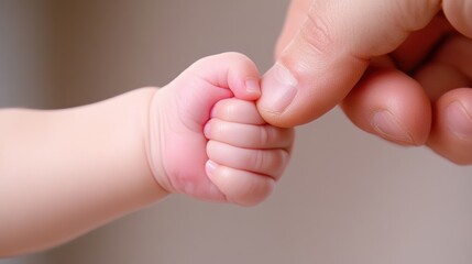 Canvas Print - A close up of a baby's hand being held by an adult, AI