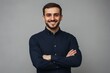 © 为轩 张 - Smiling man with folded arms in a dark blue shirt, posing confidently against a grey background, ideal for advertising and web design. High-resolution portrait with a professional andapproachable look