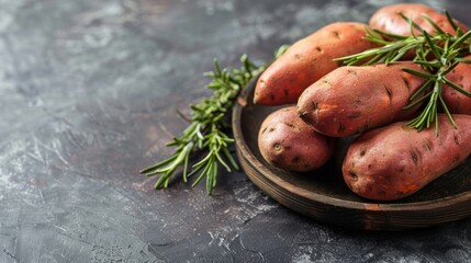 Canvas Print - Fresh sweet potatoes arranged on a wooden plate. These vibrant vegetables are garnished with sprigs of rosemary. Perfect for healthy recipes and culinary creations. AI