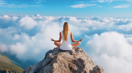 Poster - A woman meditating on a mountain top overlooking the clouds, AI