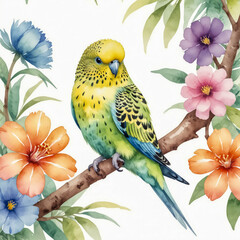 A delightful watercolor illustration of a Budgerigar perched on a slender branch amidst a burst of colorful, blooming tropical flowers.