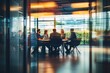 © 为轩 张 - Business team collaborating around a table in a modern office, captured through glass walls, planning for success with a blurred effect that adds dynamic movement, emphasizing teamwork and strategy.