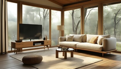 The living room in a modern and simple style is spacious and bright, with harmonious sofas and decorations, and the natural scenery outside the window is pleasant.