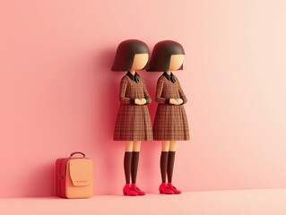 Poster - Two doll girls on a pink background with autumn scenery, minimal concept
