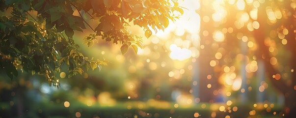 Wall Mural - Green Leaves Silhouetted Against Warm, Bokeh-Filled Sunlight