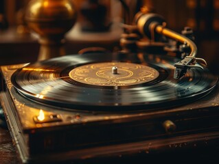 Vinyl record player, steampunk style, warm tones, high detail