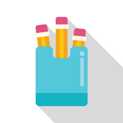 Poster - Three pencils with erasers standing in a blue pencil holder, simple vector illustration with long shadow