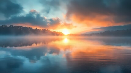 Wall Mural - Misty Lake Sunset.
