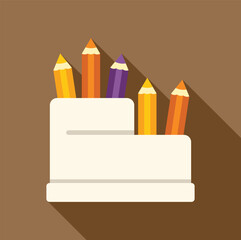 Poster - White pencil holder with colorful pencils standing on desk in flat design style