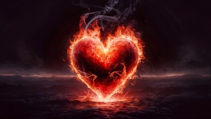 Explosive Burning Heart of Fire with Intense Flames Over a Dark Smoky Landscape, Heart of Fire, Red Heart Shaped Fire, Burning Heart On Black, Abstract Wallpaper, Broken Heart On Fire.