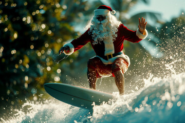 Santa Claus surfing