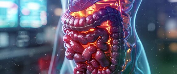 Anamorphic video of the anatomy of human digestive system. Nutrient absorption a detailed exploration of the human digestive system.