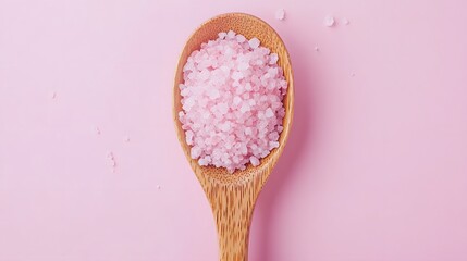 Flat lay Pink Salt in Wooden Spoon