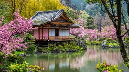 Canvas Print - Traditional Japanese House with Cherry Blossoms and Pond.