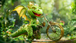 © Like Animals - Whimsical of a friendly smiling green 3D dragon riding a bicycle through a lush verdant forest backdrop with leaves and plants  Digital fantasy character in motion on a creative