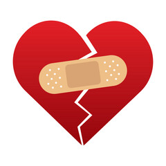 red heart broken to two pieces fixed with a plaster patch, vector illustration icon or logo, fixed b