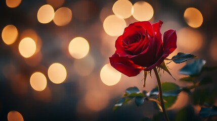 A single red rose blooms in front of a blurry background of warm yellow bokeh lights.