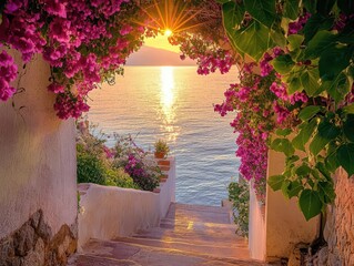 Canvas Print - vibrant bougainvillea archway framing mediterranean seaside village golden hour glow