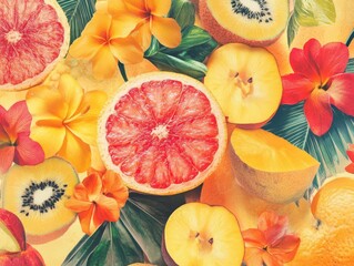 Wall Mural - vibrant collage of tropical fruits and flowers in retro cutandpaste style