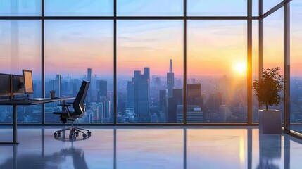 Poster - Modern Office with City Skyline View at Sunset.