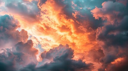 Wall Mural - a dramatic sunset sky with clouds illuminated in shades of orange and pink.