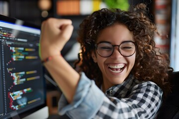 Photo of lovely excited glad woman software developer sitting armchair comfortable workspace workstation indoors