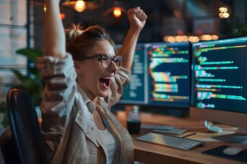 Photo of lovely excited glad woman software developer sitting armchair comfortable workspace workstation indoors