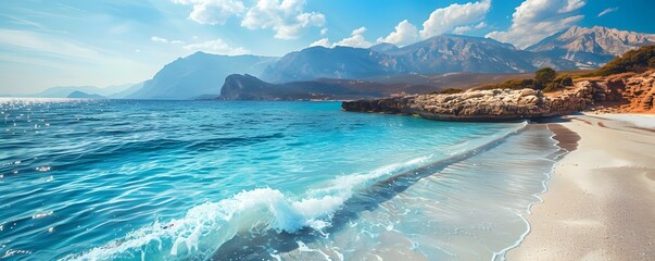 Wall Mural - Turquoise Waters Crashing on a Pristine Sandy Beach with Majestic Mountain Backdrop