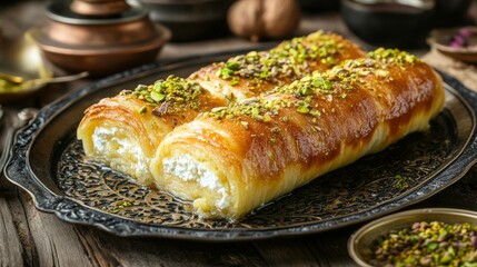 homemade traditional arab sweets Kunafa or konafa roll with cheese or cream and sugar syrup pistachio on top