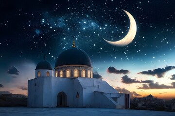 Wall Mural - A illustration of a mosque illuminated by moonlight.