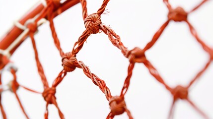 Close-up of a red rope forming knots, with a shallow depth of field, creating an abstract pattern