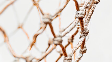 Detailed macro shot of an aged basketball net in bright sunlight, highlighting knots and weaving