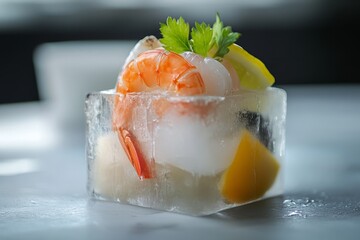 Poster - An ice cube with seafood in it 