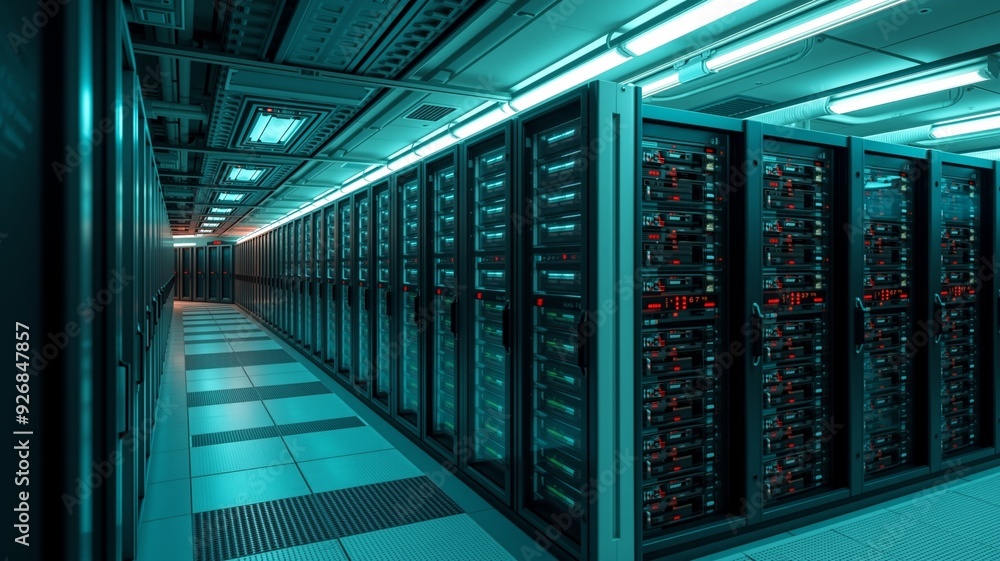 Blue Illuminated Server Room Data Center Technology, A modern server ...