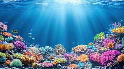 Wall Mural - Shimmering fish, swimming in a coral reef with vibrant corals and clear blue water, bright underwater light