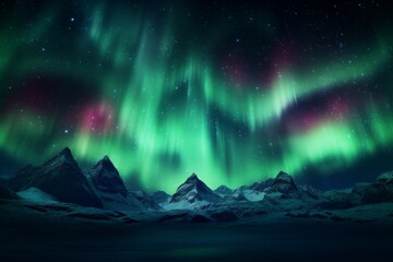 Wall Mural - Aurora's Embrace Digital Mastery of Green Lights and Snowy Peaks