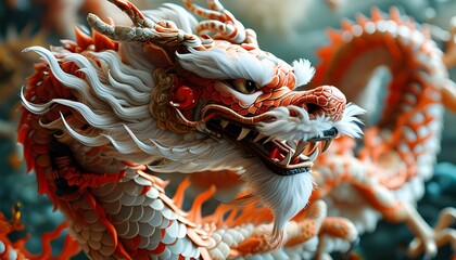 The brightly colored Chinese dragon sculpture shows a strong sense of power and momentum, with a vague and delicate background.