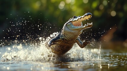 Sticker - Cuban crocodile displays impressive hunting technique by leaping from water with open jaws to catch prey. Concept Cuban Crocodile, Hunting Technique, Impressive Leap, Water Predator, Prey Capture